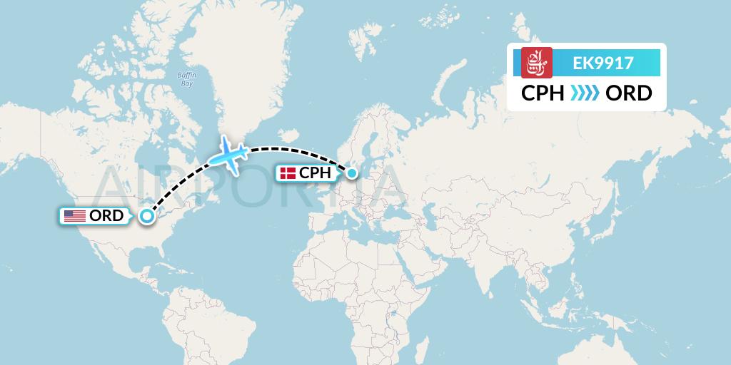 EK9917 Emirates Flight Map: Copenhagen to Chicago