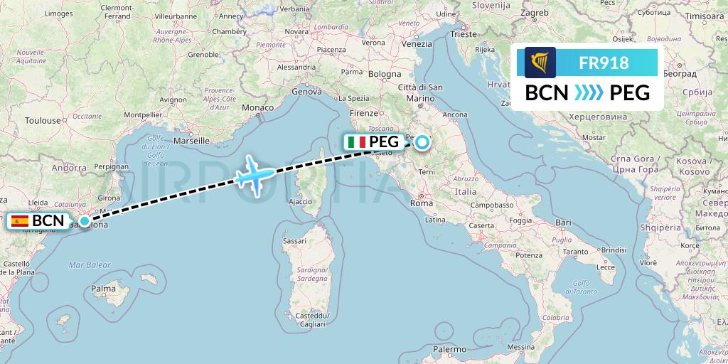 FR918 Ryanair Flight Map: Barcelona to Perugia