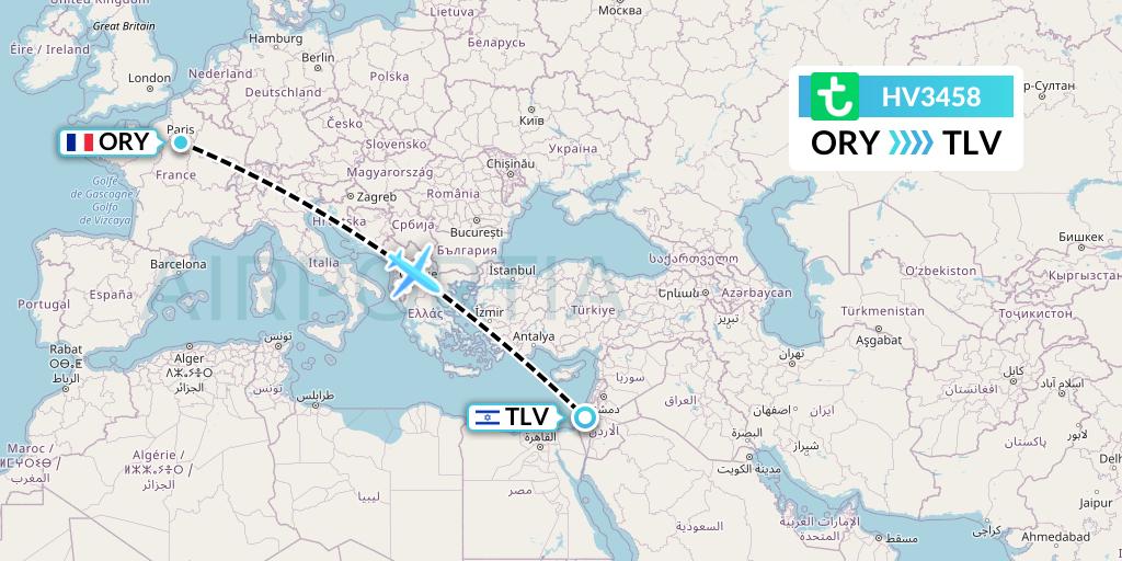HV3458 Transavia Flight Map: Paris to Tel Aviv