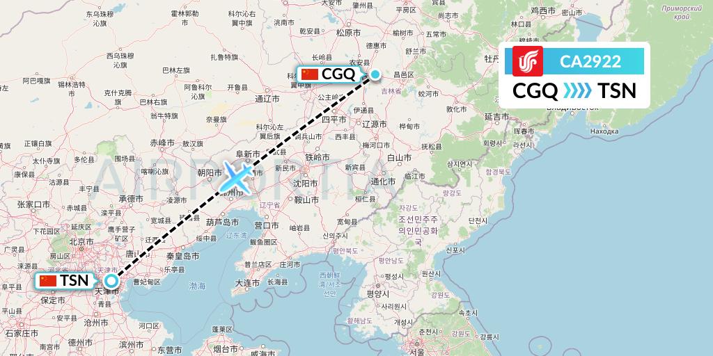 CA2922 Air China Flight Map: Changchun to Tianjin