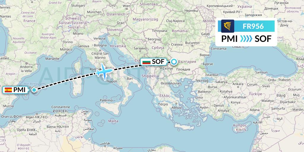 FR956 Ryanair Flight Map: Palma de Mallorca to Sofia
