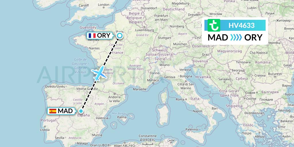HV4633 Transavia Flight Map: Madrid to Paris