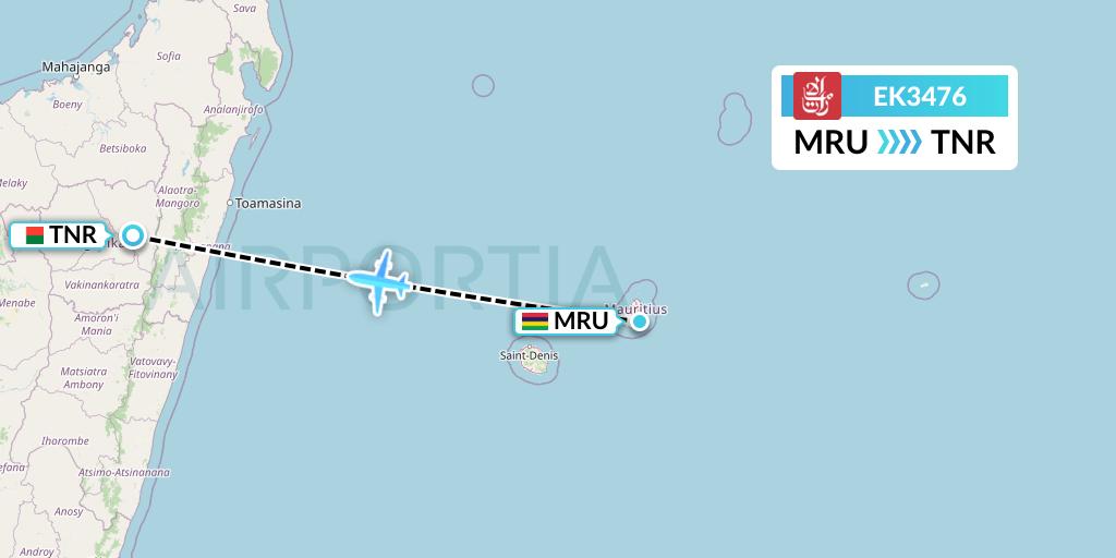 EK3476 Emirates Flight Map: Port Louis to Antananarivo
