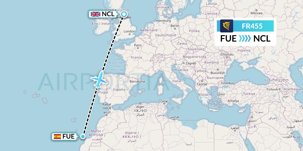 FR455 Ryanair Flight Map: Fuerteventura to Newcastle