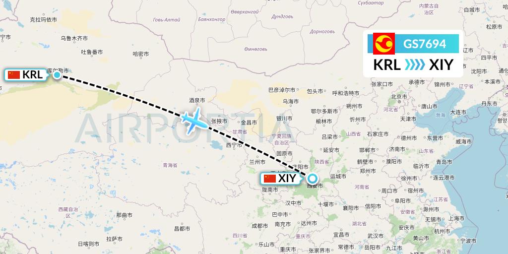GS7694 Tianjin Airlines Flight Map: Korla to Xi'an
