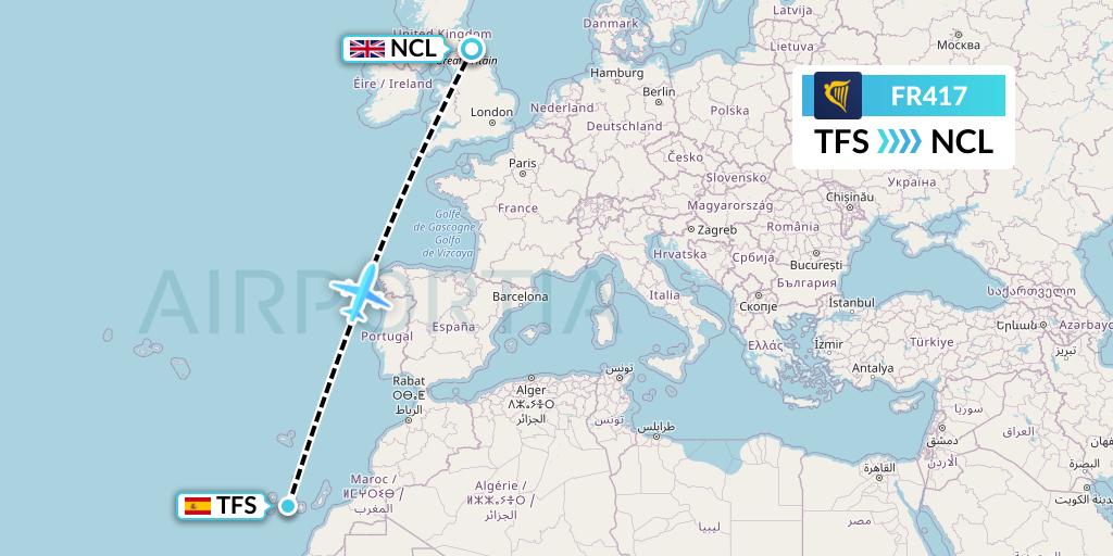 FR417 Ryanair Flight Map: Tenerife to Newcastle