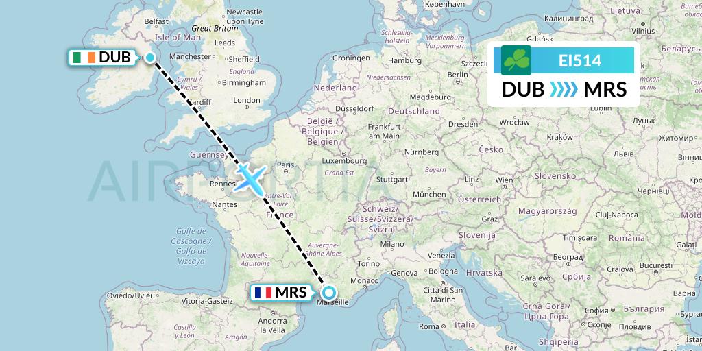EI514 Aer Lingus Flight Map: Dublin to Marseille