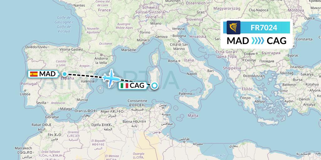 FR7024 Ryanair Flight Map: Madrid to Cagliari