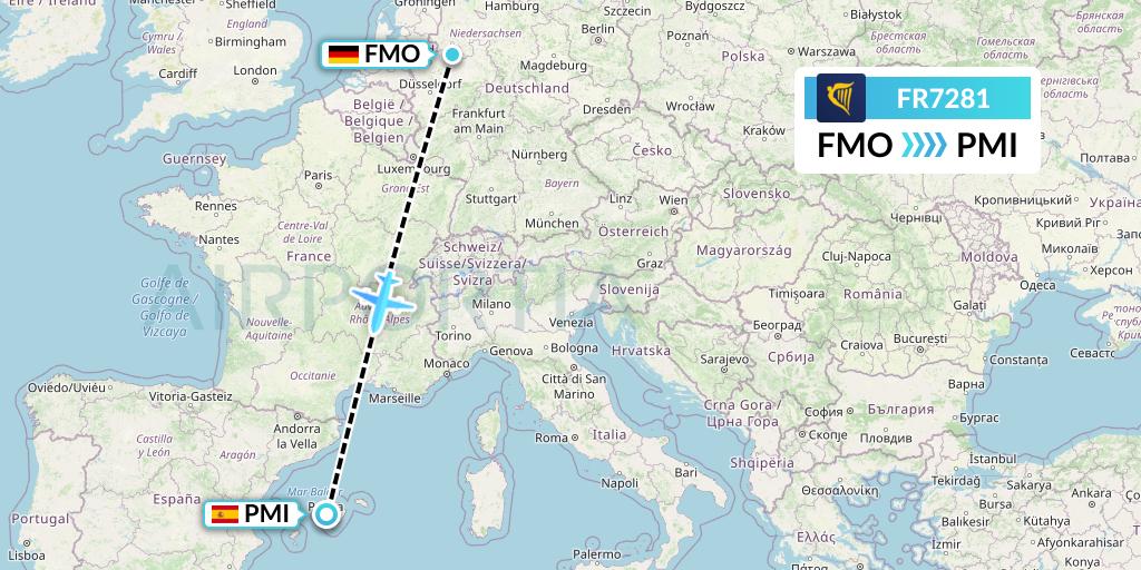 FR7281 Ryanair Flight Map: Munster to Palma de Mallorca