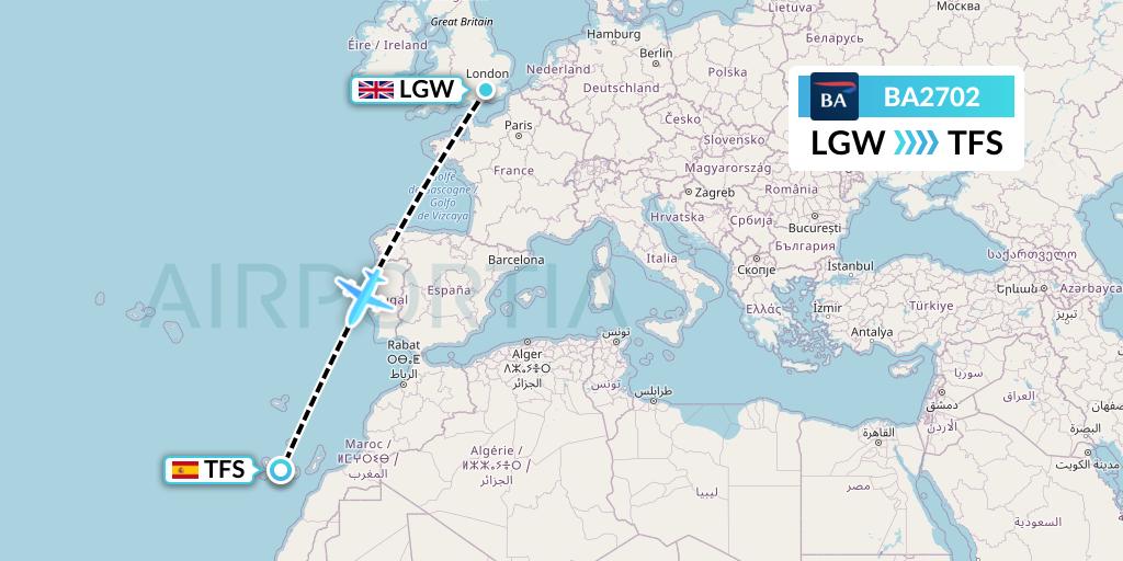BA2702 British Airways Flight Map: London to Tenerife