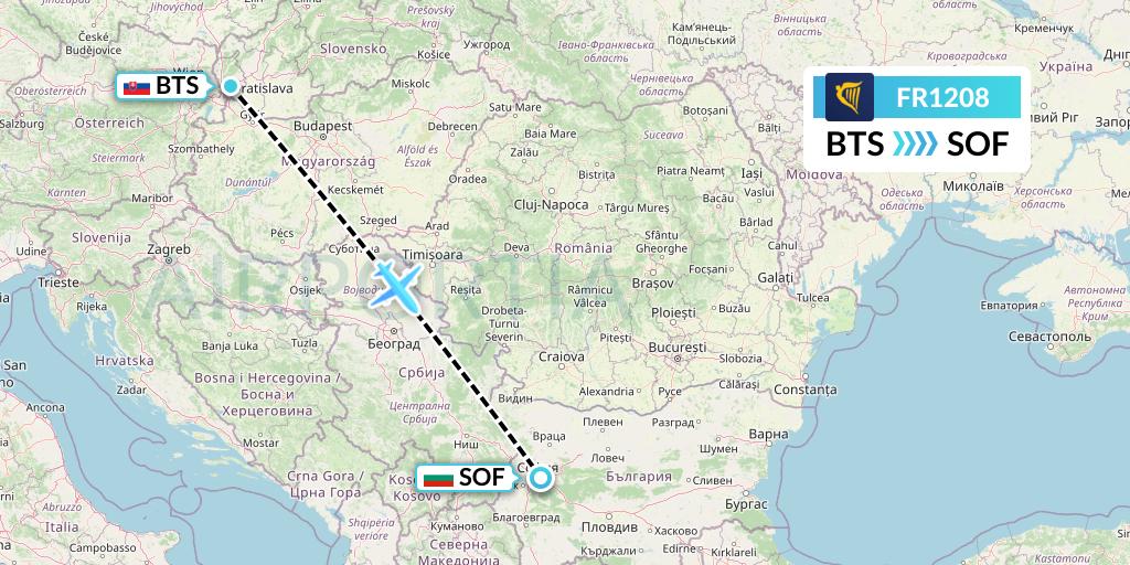 FR1208 Ryanair Flight Map: Bratislava to Sofia