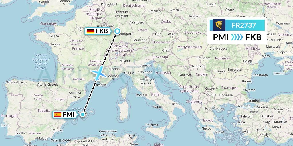 FR2737 Ryanair Flight Map: Palma de Mallorca to Karlsruhe/Baden-Baden