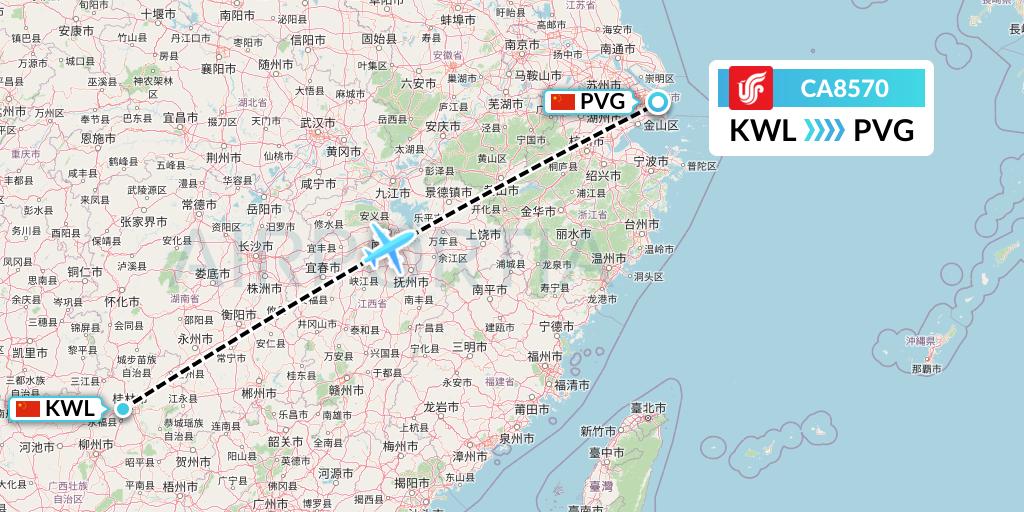 CA8570 Air China Flight Map: Guilin to Shanghai
