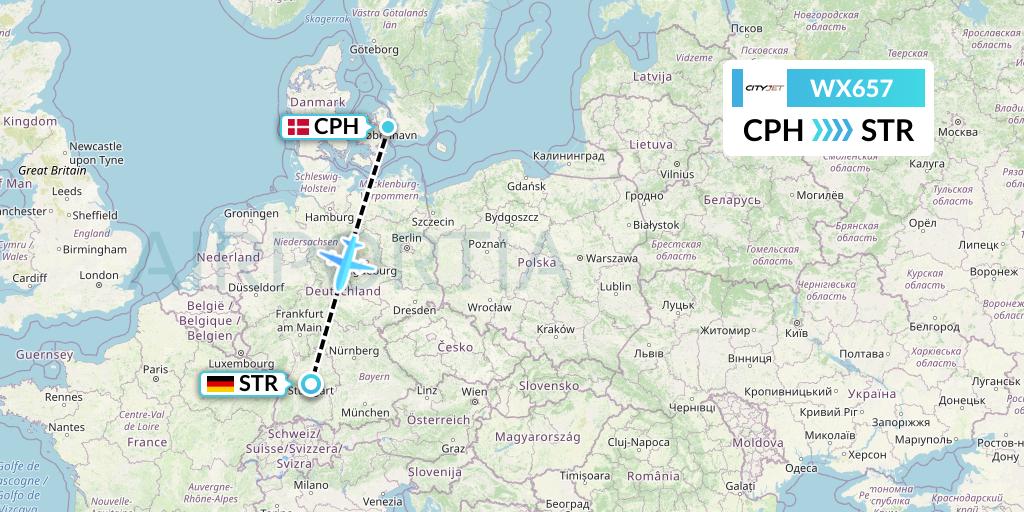 WX657 Cityjet Flight Map: Copenhagen to Stuttgart