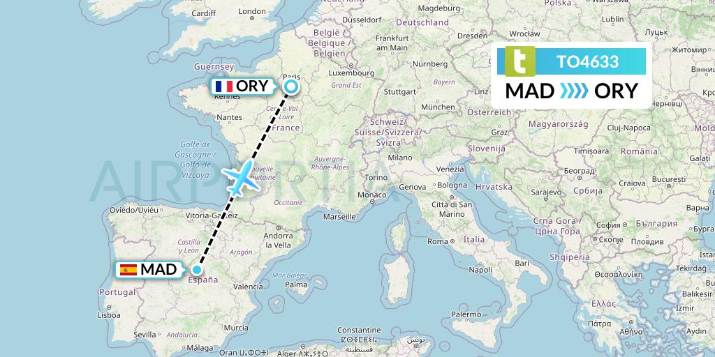 TO4633 Transavia France Flight Map: Madrid to Paris