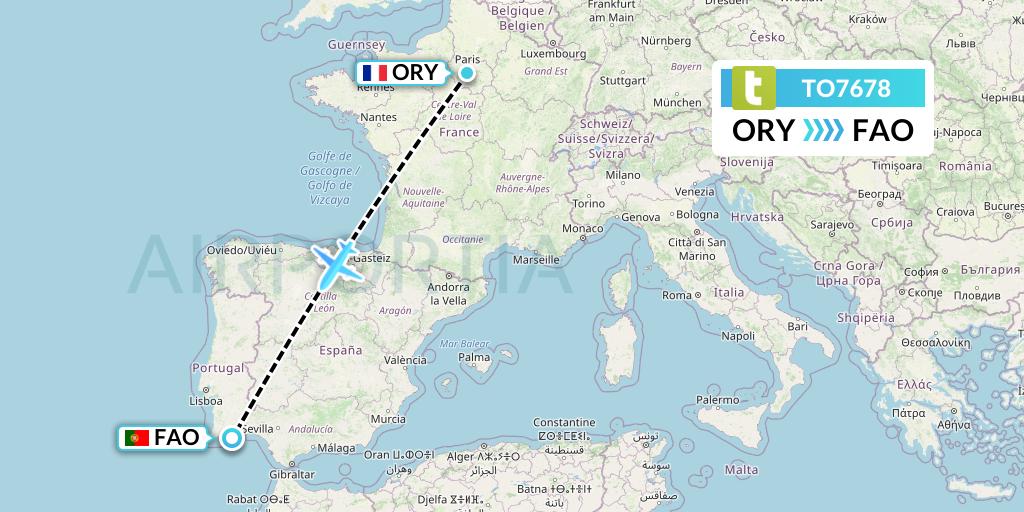 TO7678 Transavia France Flight Map: Paris to Faro