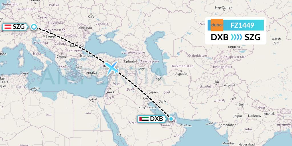 FZ1449 FlyDubai Flight Map: Dubai to Salzburg