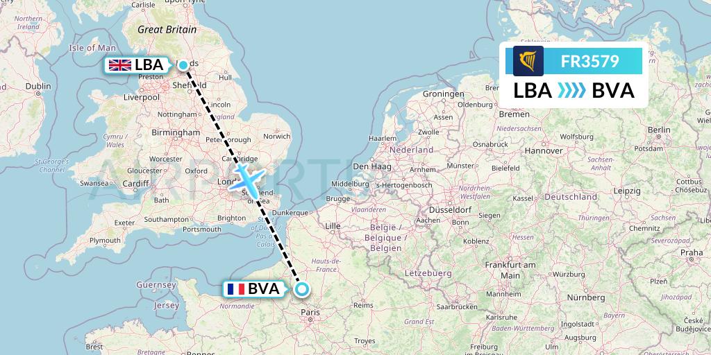 FR3579 Ryanair Flight Map: Leeds to Paris