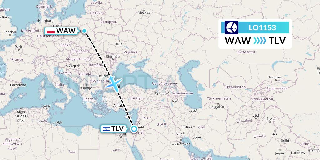 LO1153 LOT Flight Map: Warsaw to Tel Aviv