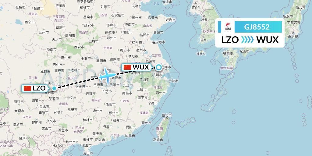 GJ8552 Loong Airlines Flight Map: Luzhou to Wuxi