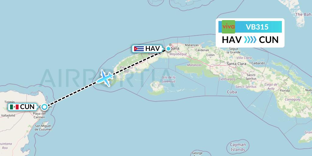 VB315 VivaAerobus Flight Map: Havana to Cancun