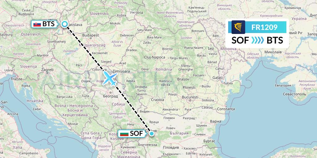 FR1209 Ryanair Flight Map: Sofia to Bratislava