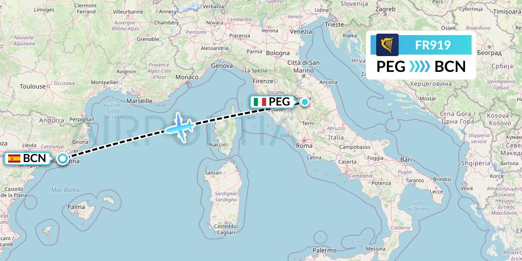 FR919 Ryanair Flight Map: Perugia to Barcelona