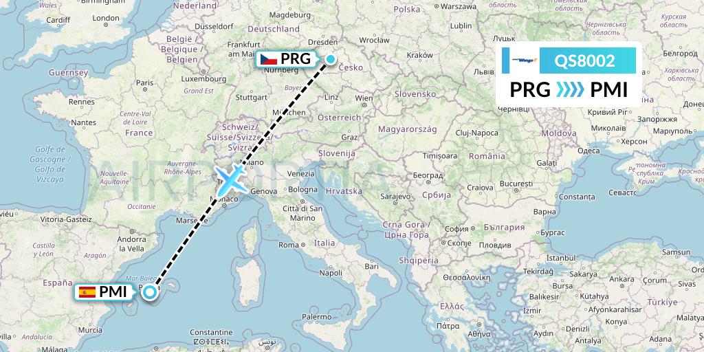 QS8002 Smartwings Flight Map: Prague to Palma de Mallorca