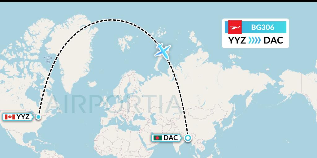 BG306 Biman Bangladesh Airlines Flight Map: Toronto to Dhaka