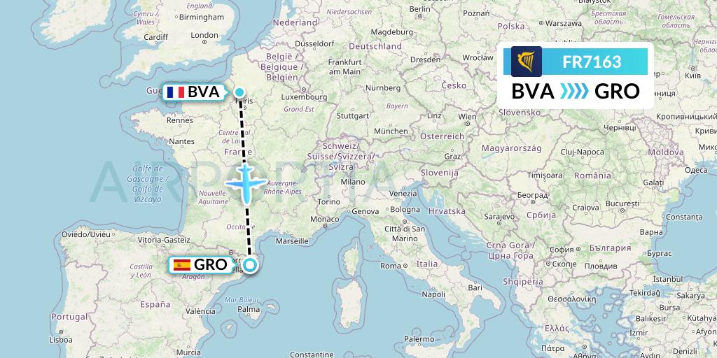 FR7163 Ryanair Flight Map: Paris to Girona