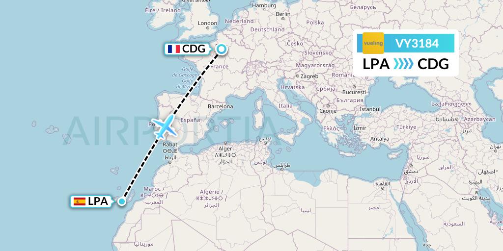 VY3184 Vueling Flight Map: Las Palmas to Paris