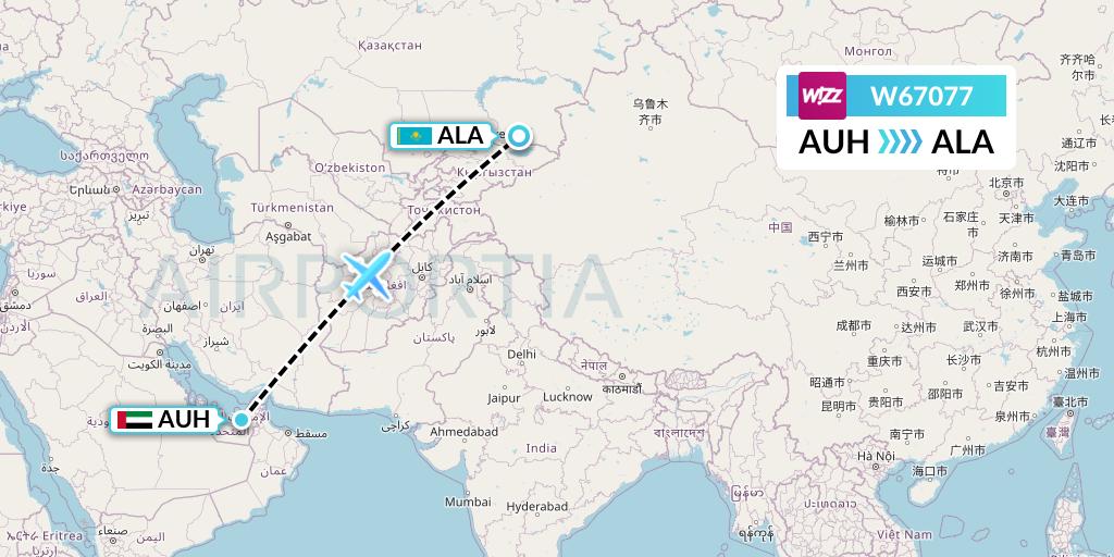 W67077 Wizz Air Flight Map: Abu Dhabi to Almaty