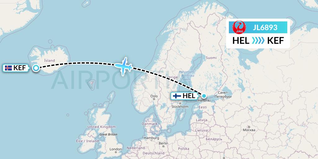 JL6893 Japan Airlines Flight Map: Helsinki to Reykjavik