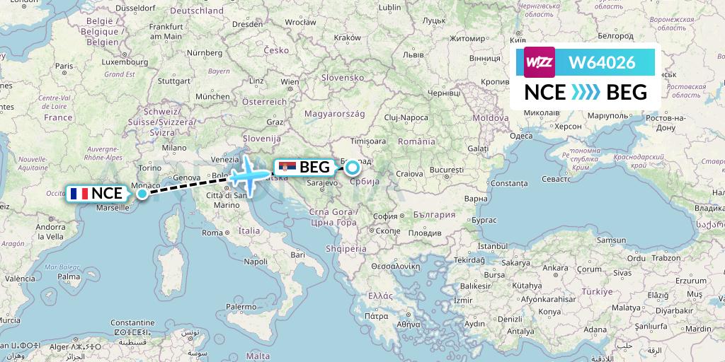 W64026 Wizz Air Flight Map: Nice to Belgrade
