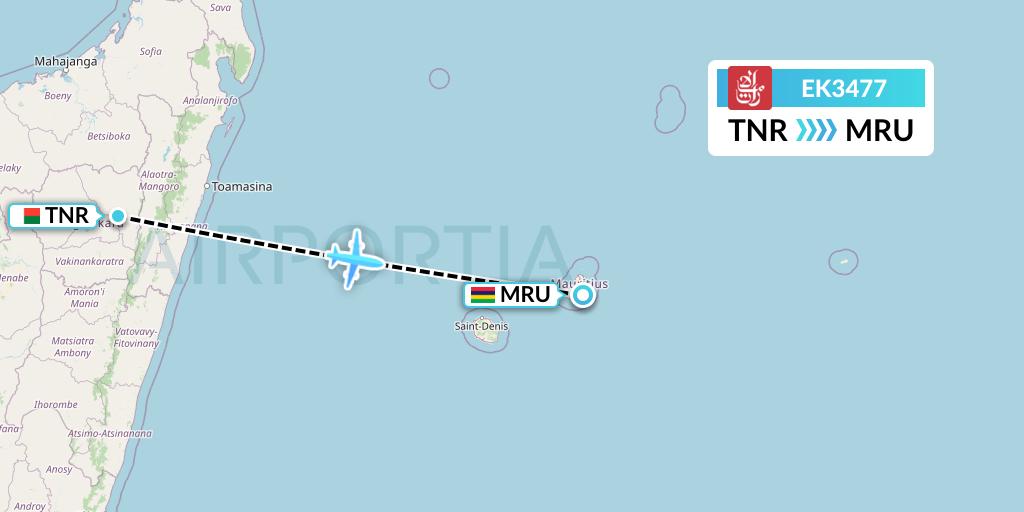 EK3477 Emirates Flight Map: Antananarivo to Port Louis