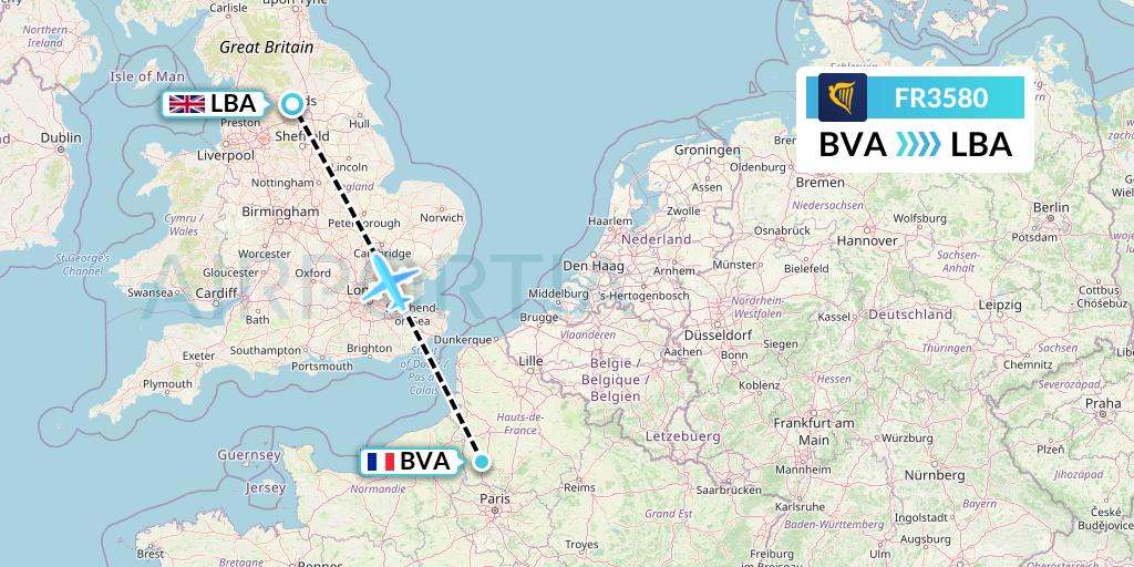 FR3580 Ryanair Flight Map: Paris to Leeds