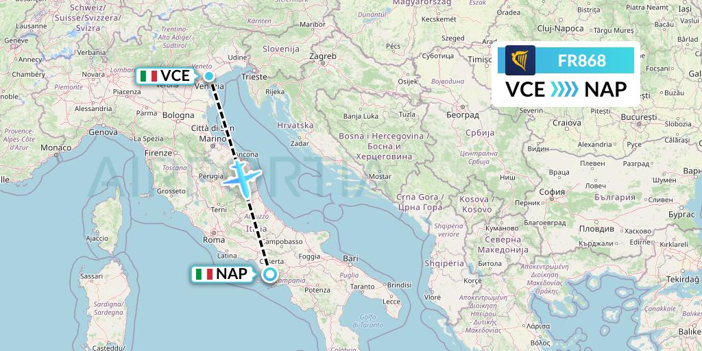 FR868 Ryanair Flight Map: Venice to Naples
