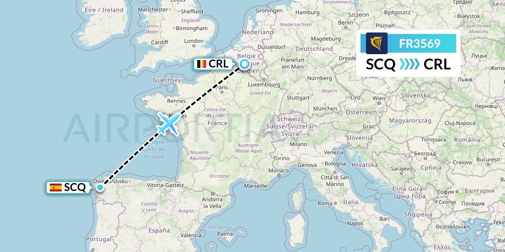 FR3569 Ryanair Flight Map: Santiago to Brussels