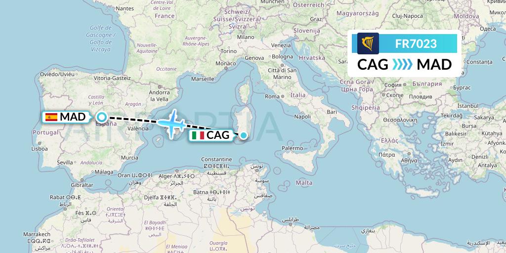 FR7023 Ryanair Flight Map: Cagliari to Madrid
