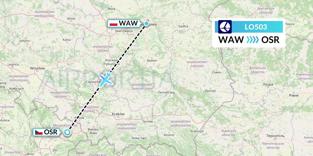 LO503 LOT Flight Map: Warsaw to Ostrava