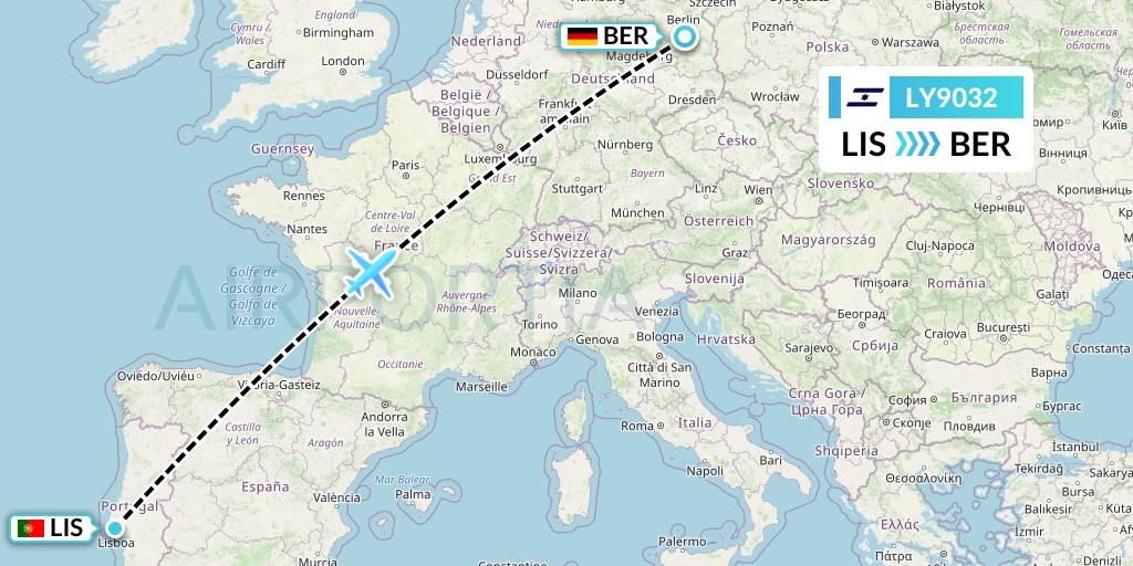 LY9032 El Al Flight Map: Lisbon to Berlin
