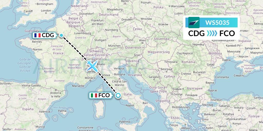 WS5035 WestJet Flight Map: Paris to Rome