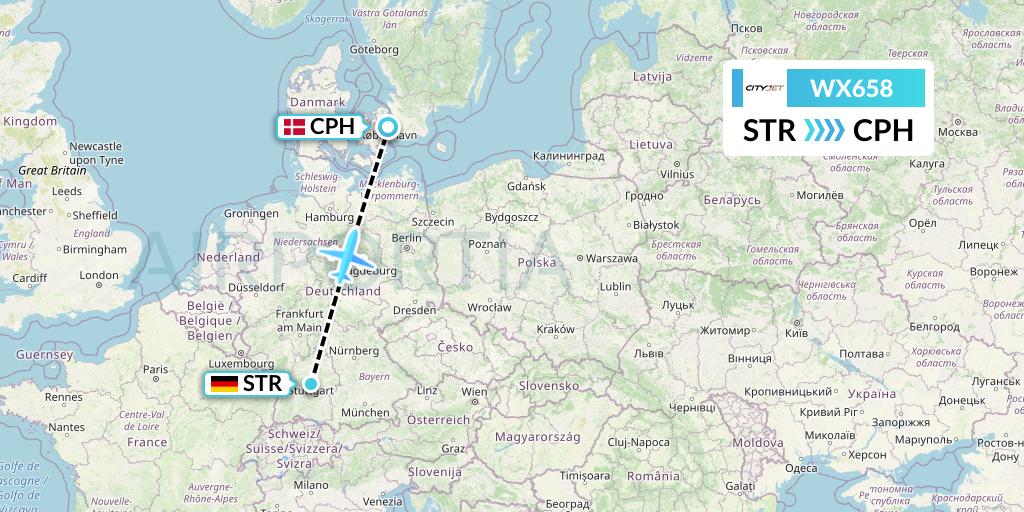 WX658 Cityjet Flight Map: Stuttgart to Copenhagen