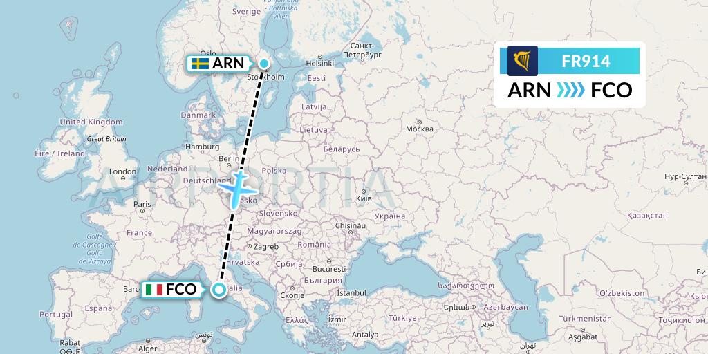 FR914 Ryanair Flight Map: Stockholm to Rome