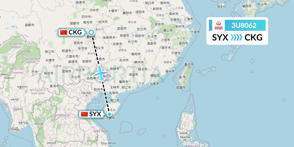 3U8062 Sichuan Airlines Flight Map: Sanya to Chongqing