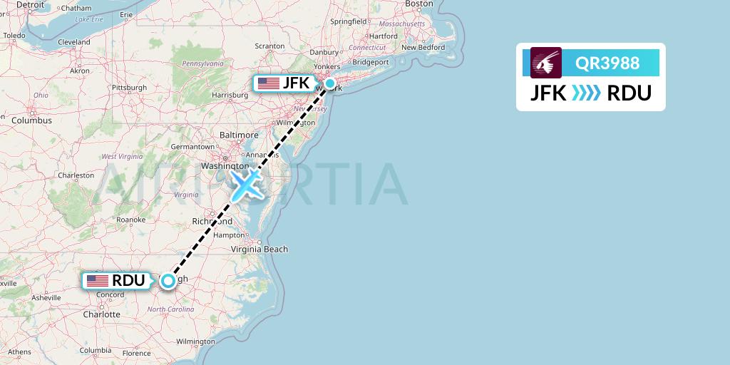 QR3988 Qatar Airways Flight Map: New York to Raleigh-Durham