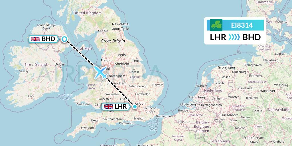 EI8314 Aer Lingus Flight Map: London to Belfast
