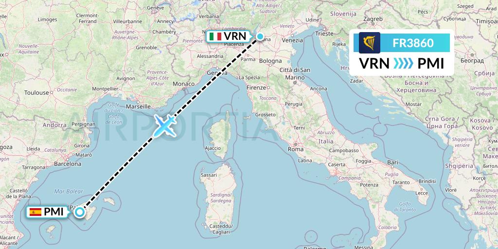 FR3860 Ryanair Flight Map: Verona to Palma de Mallorca