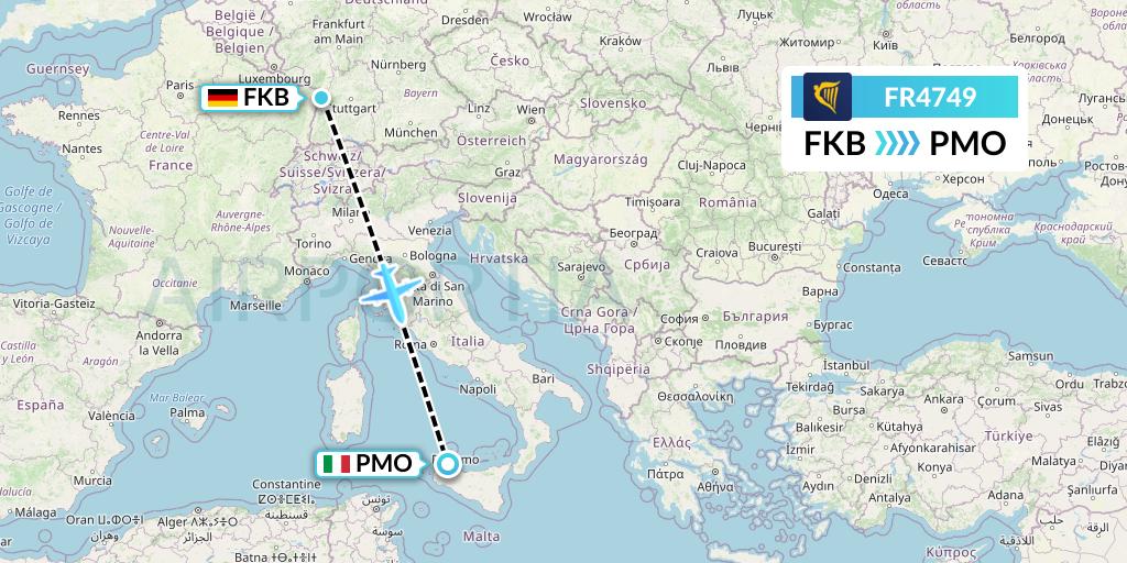 FR4749 Ryanair Flight Map: Karlsruhe/Baden-Baden to Palermo