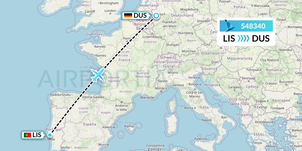 S48340 Azores Airlines Flight Map: Lisbon to Dusseldorf